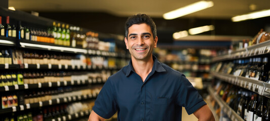 Smiling Liquor store attendant posing looking at the camera