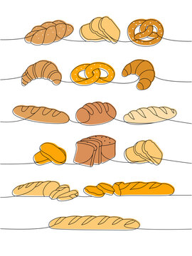 Set of bakery products one line colored continuous drawing. Wheat bread, pretzel, ciabatta, croissant, baguette continuous one line illustration