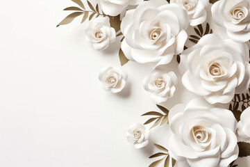 Paper cut flowers and leaves, Fresh spring nature background. Floral banner, poster, flyer template with copy space.
