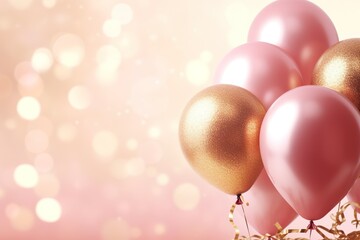 Shiny pink and golden glitter balloons on light pink soft pastel background. Card for christmas, wedding, birthday, woman's day, mothers day, valentine's day. | Generative AI