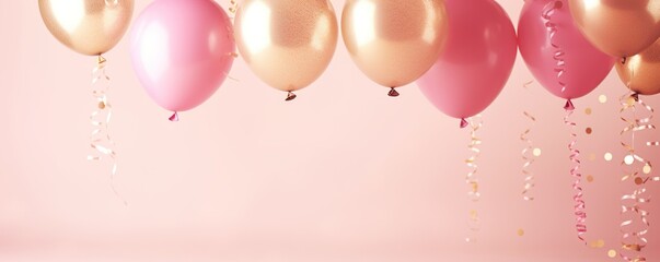 Shiny pink and golden glitter balloons on light pink soft pastel background. Card for christmas, wedding, birthday, woman's day, mothers day, valentine's day. | Generative AI