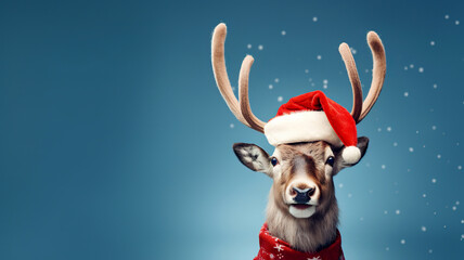 Reindeer in Santa's hat over blue background with space for text. Portrait of a young cute deer. Santa's assistant. Reindeer in red hat.
