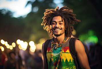 Handsome young man having fun at a reggae music festival.