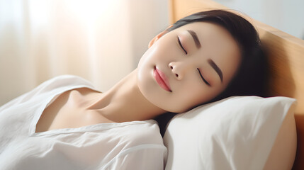Obraz na płótnie Canvas Beautiful asian woman sleeping on bed and relaxing in the morning, woman sleeping well lying in bed at home