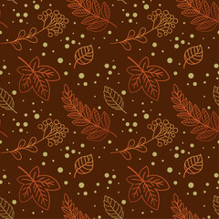 Vector seamless pattern with hand drawing colorful yellow, orange, red leaves, hand drawing repeating background.