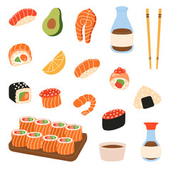 Sushi foods collection. Ikura sushi, tobiko maki, philadelphia roll, onigiri, shrimp nigiri, tekkamaki tuna roll, futomaki, sake temaki, soy bowl