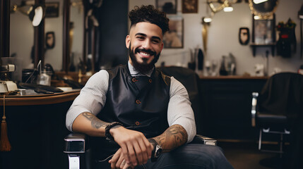 Portrait of handsome young barber posing with his arms crossed inside a barbershop. Stylish barbershop owner standing confident with his arms crossed