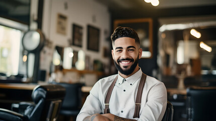 Fototapeta premium Portrait of handsome young barber posing with his arms crossed inside a barbershop. Stylish barbershop owner standing confident with his arms crossed