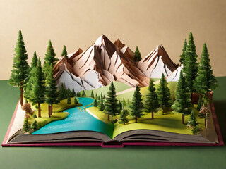 an open book with a picture of a mountain and trees on it, paper craft, paper modeling art, storybook design, storybook art, story book design, big opened book, papercraft, children's storybook, child