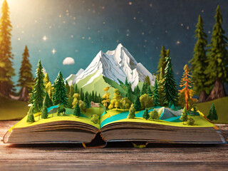 an open book with a picture of a mountain and trees on it, paper craft, paper modeling art, storybook design, storybook art, story book design, big opened book, papercraft, children's storybook, child
