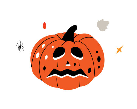 Pumpkin with scary face, autumn vegetable. Halloween pumpkin. Vector illustration.