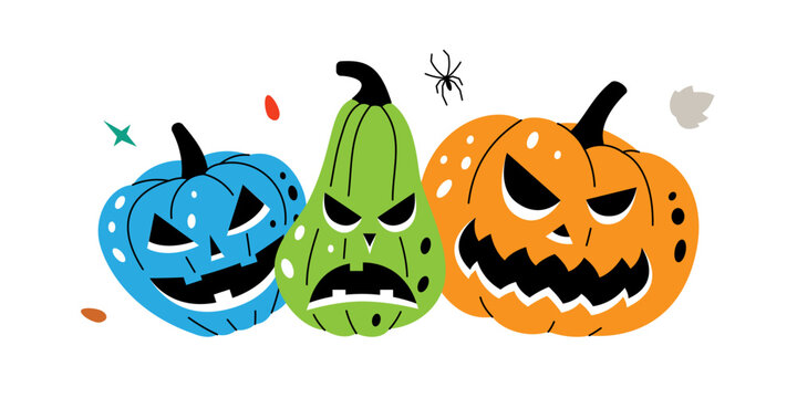 Pumpkins scary faces set. Autumn halloween pumpkins faces. Autumn halloween vegetables. Vector illustration.