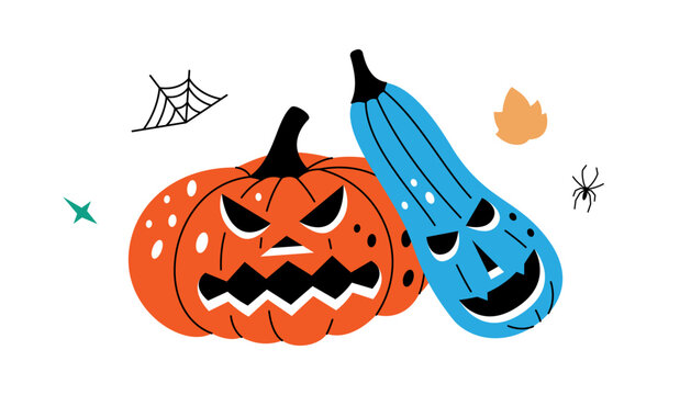 Set of pumpkins scary faces. Halloween pumpkins with scary faces. Autumn halloween vegetables. Vector illustration.