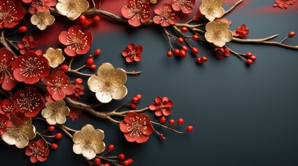 A close up of a branch of a tree with flowers. Fictional image. Decorative plum flowers.