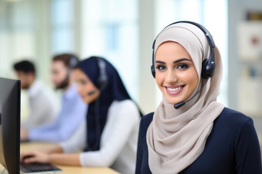 A muslim woman in jijab is wearing a headset. Call center operator. Photorealistic image, blurred call center in background.