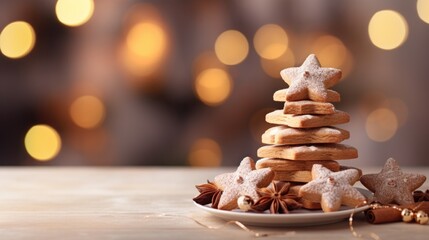 A stack of christmas cookies on a plate on a table. Imaginary photorealistic image. - obrazy, fototapety, plakaty