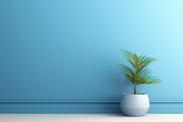 Modern interior background of room with blue stucco wall with copy space. Pot with plant 3d rendering | Generative AI