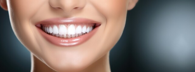 Charming female smile with dazzling white teeth, showing excellent dental health and hygiene. Ideal for dental illustrations. Copy space