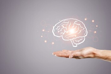 Man hand with hologram brain illustration