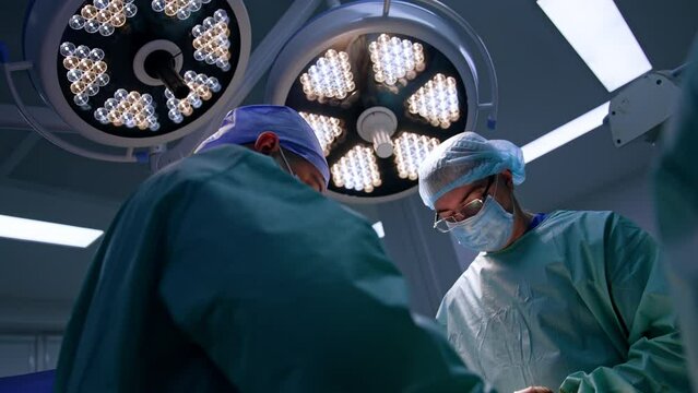 Experienced male surgeons work together at operation. Two big round lamps on the ceiling over the doctors. Low angle view.