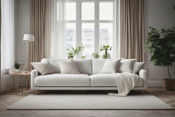 Cozy white sofa against window Scandinavian style home interior design of modern living room - obrazy, fototapety, plakaty