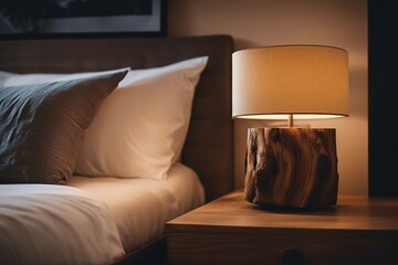 Natural log lampshade near bed Rustic interior design of modern bedroom