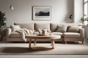 Round wooden coffee table near beige sofas against white wall with posters Scandinavian style home
