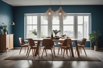 Round wooden dining table and barrel chairs against window and blue wall