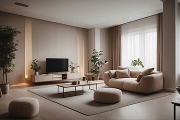 Naklejka na ściany i meble Studio apartment with beige sofa und pouf Minimalist home interior design of modern living room