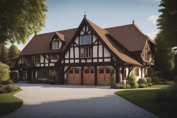 Fototapeta premium Tudor style family house exterior with gable roof and timber framing Wooden garage doors in home