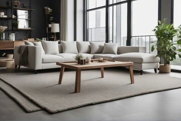 White fabric corner sofa and wooden square coffee table on grey woven rug Rustic farmhouse