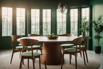 Wooden round dining table and light green barrel chairs against the window