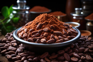 Cocoa powder and cocoa grains in a plate - obrazy, fototapety, plakaty