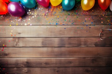 Obraz premium Colorful carnival or party balloons, streamers and confetti on rustic grunge wood planks with copy space | Generative AI