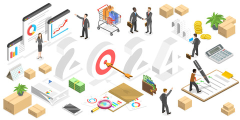 3D Isometric Flat  Conceptual Illustration of Procurement Planning In New Year 2024, Inventory Management And Logistics - obrazy, fototapety, plakaty