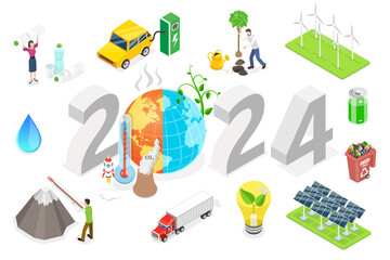 3D Isometric Flat  Conceptual Illustration of New Year 2024 And Climate Change, Greenhouse Effect Preventing