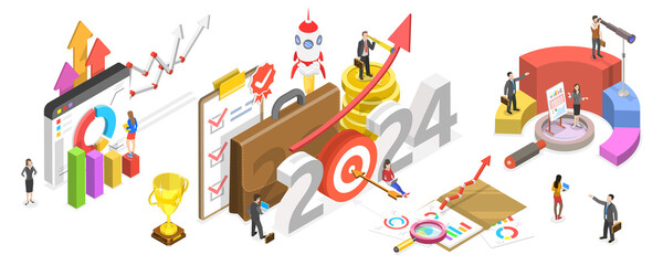 3D Isometric Flat  Conceptual Illustration of 2024 - Successful Year Of Financial Opportunities, Business Plans And Goals