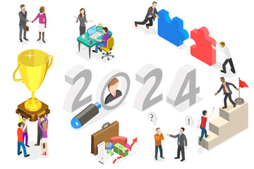 3D Isometric Flat  Conceptual Illustration of New Year 2024 And Employees Onboarding, HR Managment - obrazy, fototapety, plakaty