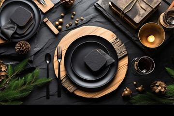 Christmas tabletop with black stone plates, top view.