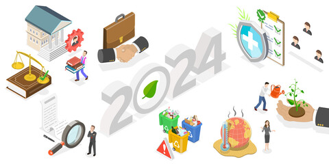 3D Isometric Flat  Conceptual Illustration of New Year 2024 And ESG Trends, Environmental, Social And Corporate Governance