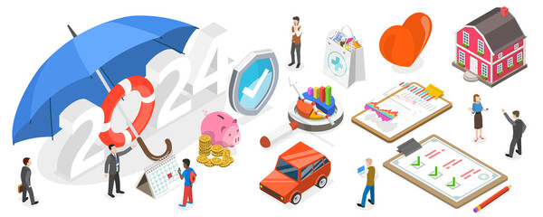3D Isometric Flat  Conceptual Illustration of Insurance Resolutions For New 2024 Year, Family Health Insurance Plans