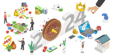 3D Isometric Flat  Conceptual Illustration of New Year 2024 And Online Casino Industry Trends, Digital Gambling Platform