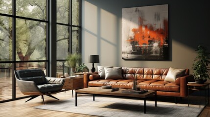 Mid-century style home interior design of modern living room. Generative AI