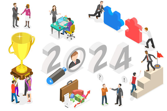 3D Isometric Flat  Conceptual Illustration of New Year 2024 And Employees Onboarding, HR Managment
