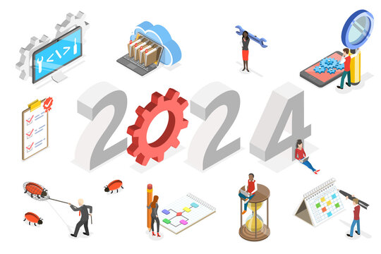 3D Isometric Flat  Conceptual Illustration of New Year 2024 And Software Development, Agile Project Management