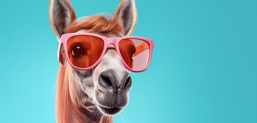 Horse in sunglass shade glasses, left position, isolated on solid pastel background. Generative AI
