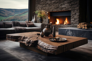modern living room with raw wood design and fireplace  - obrazy, fototapety, plakaty