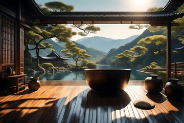 Create an AI-rendered spa interior with a traditional Japanese  tub (ofuro) and a view of a serene Japanese landscape.  - obrazy, fototapety, plakaty