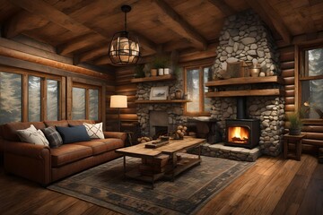 Create an AI-generated concept for a cozy and rustic cabin interior.  - obrazy, fototapety, plakaty