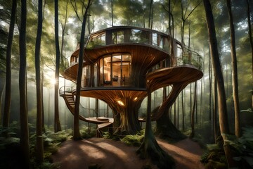 AI-designed treehouse with advanced eco-friendly technology in a lush forest.  - obrazy, fototapety, plakaty